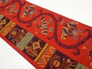 花唐草に鳥・抽象動物模様織出し袋帯